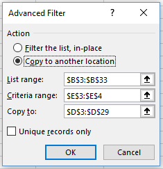 Screenshot of Excel Advanced Filter dialogue box