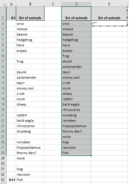 Screenshot of Excel worksheet with columns set up to copy a list of values filtering out blanks