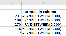 Screenshot of Excel worksheet with RANDBETWEEN function