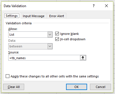 Data Validation dialog in Excel