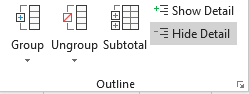 Show and hide detail options in the data group and outline functions in Excel