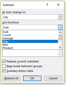 Summarize options in the subtotal outline function in Excel