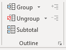 Group and summarize options on the data tab Excel ribbon