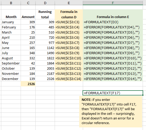 FORMULATEXT function in Excel combined with IFERROR function to display formula