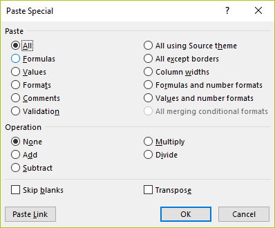 Paste special dialog box Excel