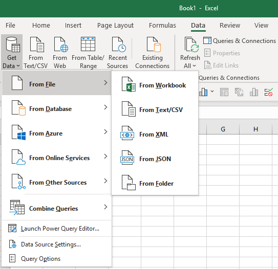 Screenshot of Get Data dropdown in Excel