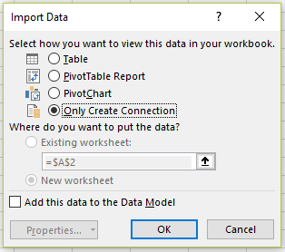 Power Query import data dialog box