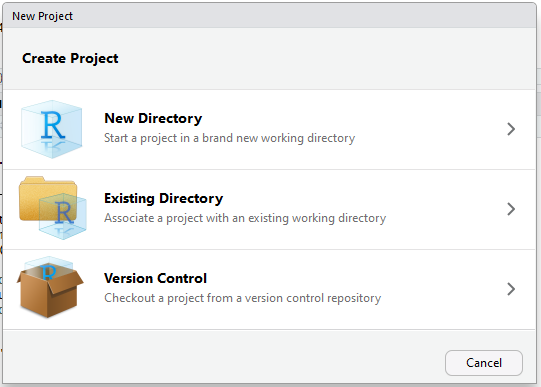 Screenshot of create a new project in RStudio