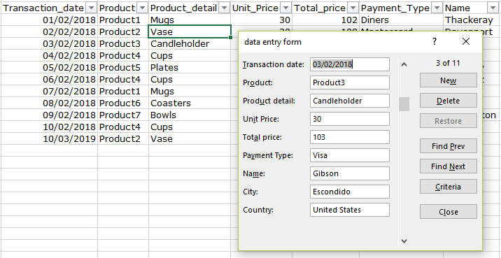 Screenshot showing data table and data entry form in Excel