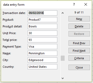 Another view of Excel's data entry form