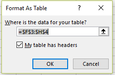 Format as table dialog box in Excel