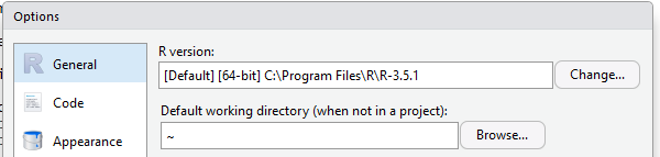 Screenshot of the global options window in RStudio