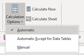 Screenshot of calculation options menu items in Excel