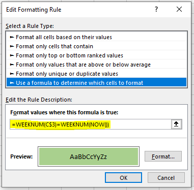 Screenshot of conditional formatting rule based on dates falling in current week