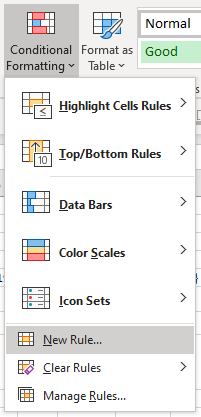 Screenshot showing menu option to add a new conditional formatting rule in Excel