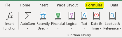 Screenshot of formulas tab on Excel's ribbon.