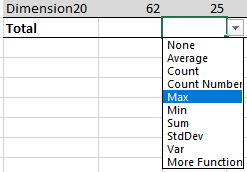 Options for summarizing table columns in Excel.