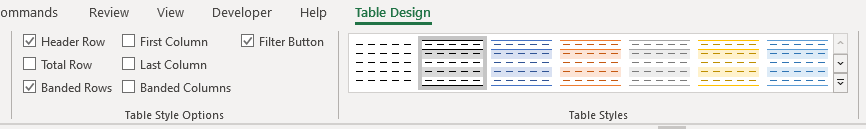 Excel's Table Design tab in the ribbon