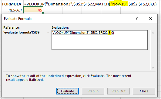 Evaluate Formula in Excel showing a correct evaluation of the formula