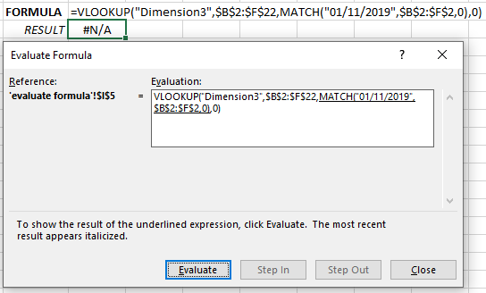 Excel's Evaluate Formula dialog box displaying a formula