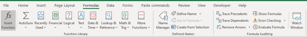 Excel's ribbon showing the Formulas section