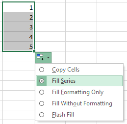 Showing how to click and drag the right-hand bottom corner of a cell in Excel to create a series down the column