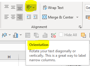 Rotate text icon in Excel's ribbon on the Home tab