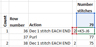 Running total formula to keep track of stitch count in a knitting pattern