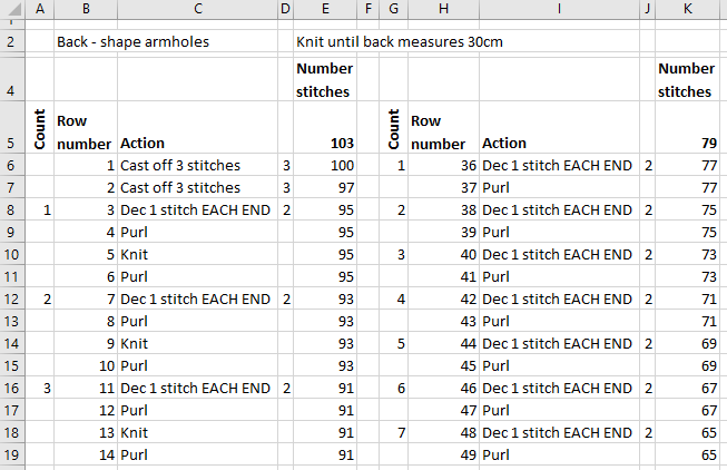 Excel Knitting Chart Template