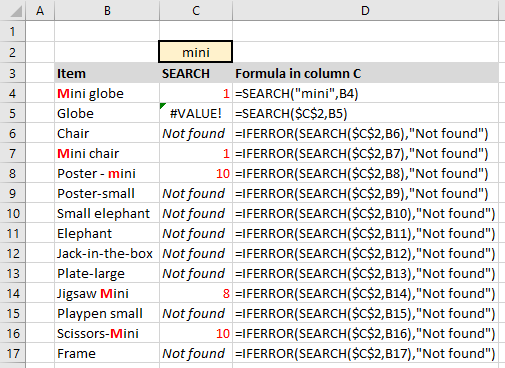 Screenshot showing examples of SEARCH function formula and results in Excel