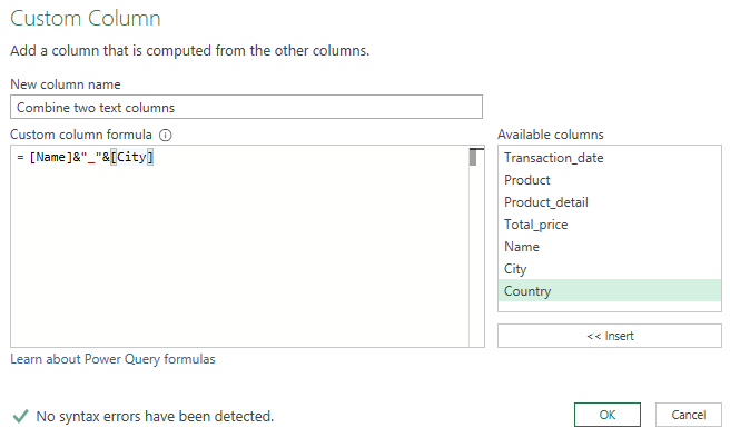 Power Query custom column dialog box