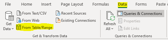 Power Query section of Excel's ribbon on the data tab