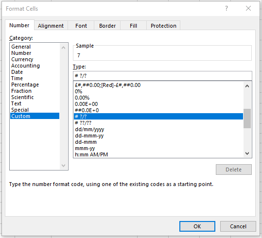 Excel Format Cells dialog box