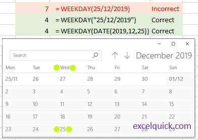 Showing WEEKDAY function error in Excel