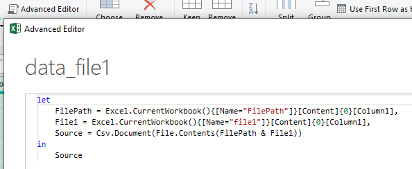 Power Query code in the Advanced Editor window