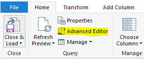 Power Query Advanced Editor button