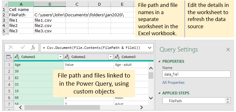 Illustrating file path and file name details in an Excel worksheet for linking to in a Power Query