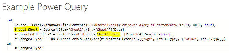 Example power query code to open an Excel workbook and worksheet