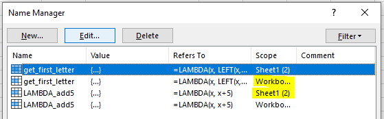 Excel Lambda files in the Name Manager