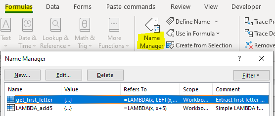 Excel's Name Manager found on the Formulas tab in the ribbon