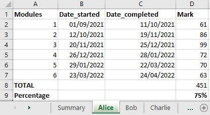 Excel worksheet with student data