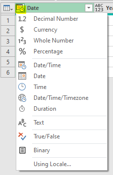 Data type format options in power query