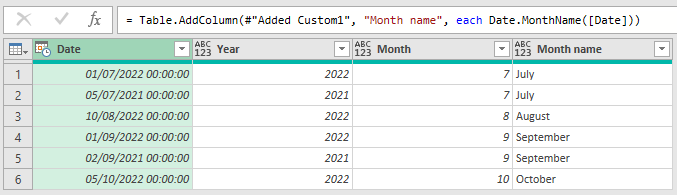 Power query table with custom columns for year and month