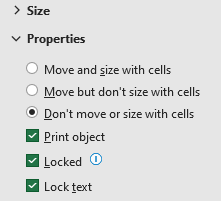 Size and properties for Excel's formatting shapes