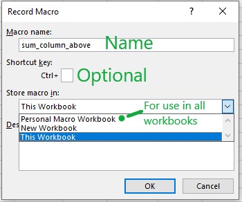Select a location store Excel macros